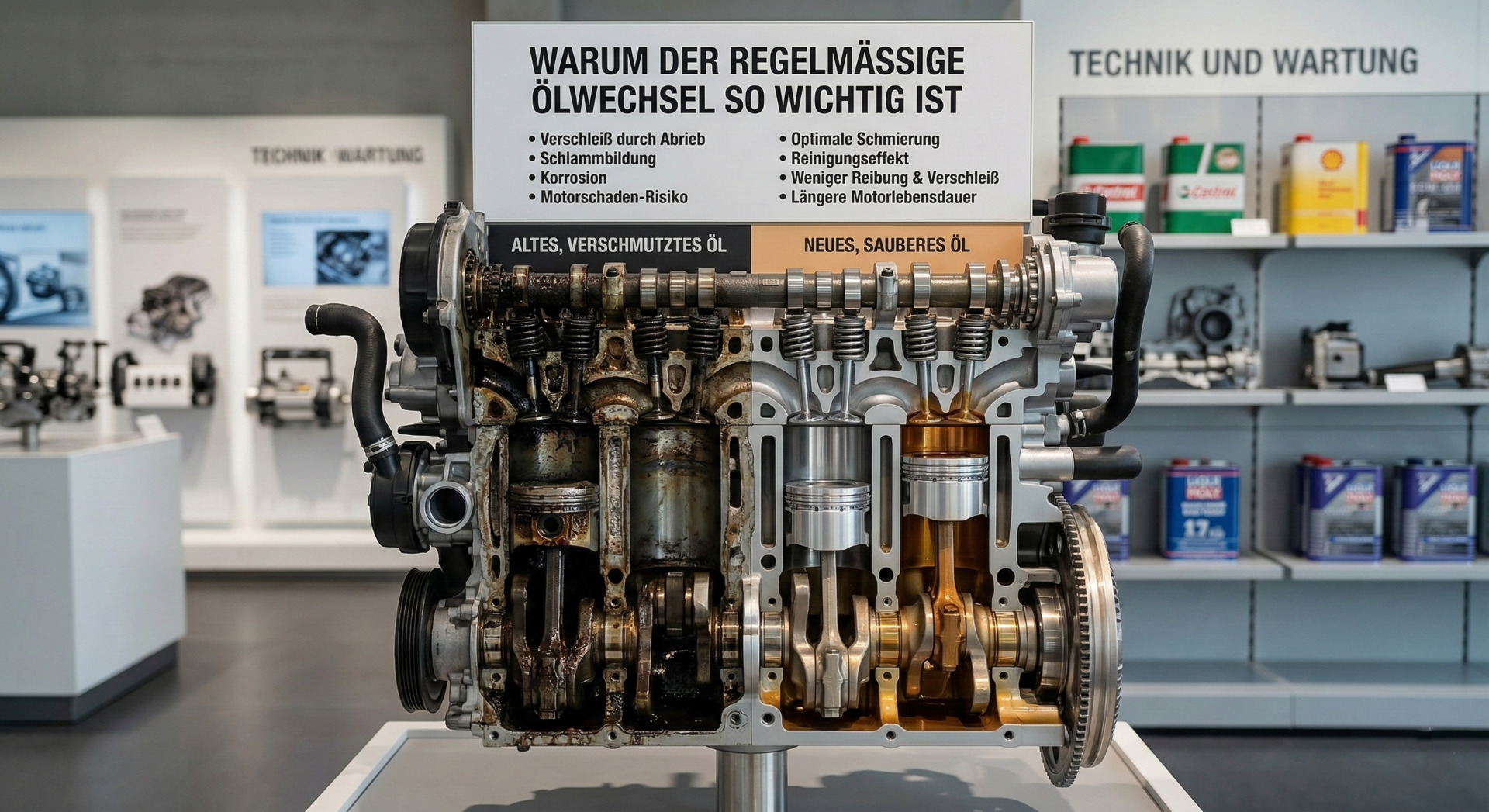 Querschnitt eines Motors der den Unterschied zwischen altem verschmutztem Motoröl und neuem sauberen Öl verdeutlicht - professioneller Ölwechsel bei Autoservice Simmern