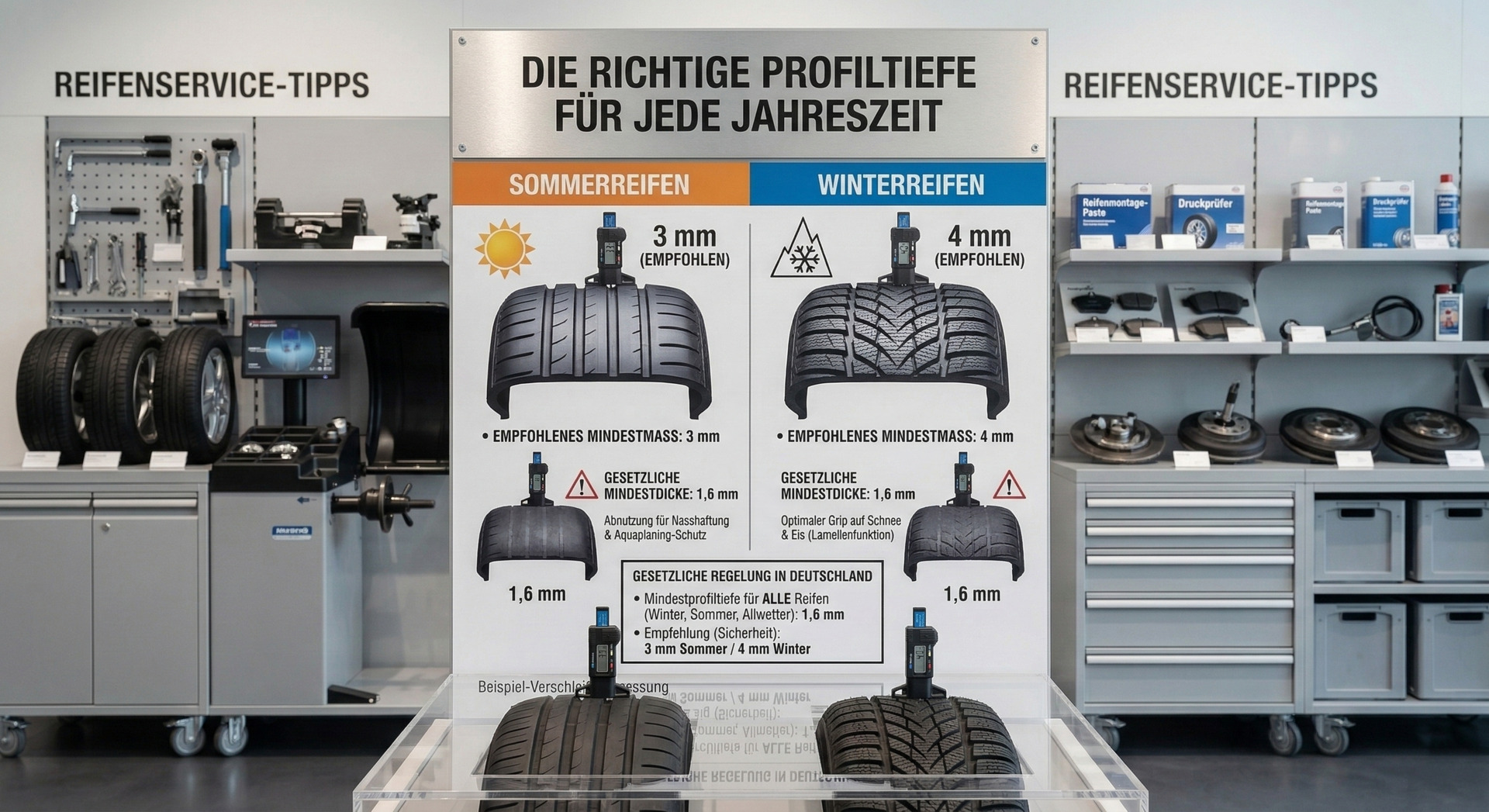 Digitale Messung der Profiltiefe bei Sommerreifen und Winterreifen zur Demonstration der gesetzlichen Mindestdicke und Expertenempfehlung - Reifenservice Simmern